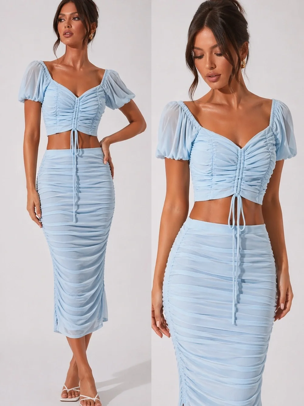 Emprada Two Piece Crop Blouse and Skirt Set Baby Blue Ruching Throughput